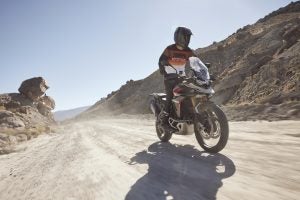 The Triumph Tiger 900 Rally Pro at work in the desert. This is the version of the machine intended for off-road fun. Photo: Triumph