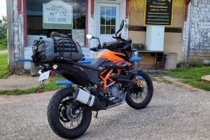 The Duffalo 40L, strapped onto a KTM 390 Adventure. All you need for a weekend ride. Photo: Zac Kurylyk